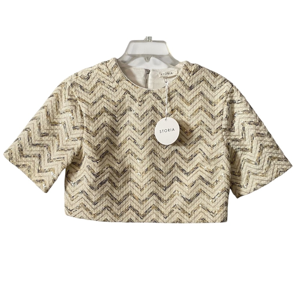Storia Anthropologie Textured Chevron Sequin Crop Top Zippered Back Size Small - Picture 1 of 4